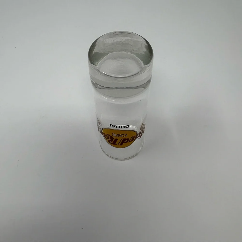 Hard Rock Cafe Dubai HRC Clear Shot Glass with Red and Yellow Logo 4” Tall